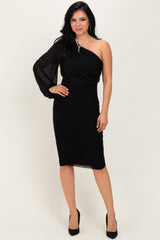 Black Ruched Mesh One Shoulder Long Sleeve Maternity Midi Dress