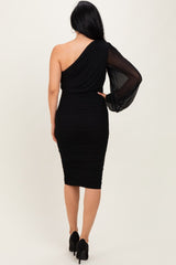 Black Ruched Mesh One Shoulder Long Sleeve Midi Dress