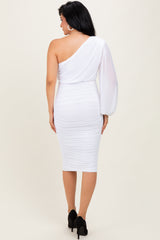 White Ruched Mesh One Shoulder Long Sleeve Midi Dress