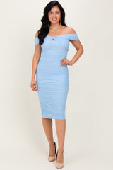 Light Blue Mesh Off Shoulder Twist Front Maternity Midi Dress