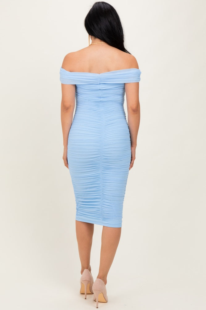 Light Blue Mesh Off Shoulder Twist Front Midi Dress