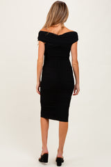 Black Mesh Off Shoulder Twist Front Maternity Midi Dress