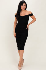 Black Mesh Off Shoulder Twist Front Midi Dress