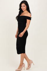 Black Mesh Off Shoulder Twist Front Midi Dress