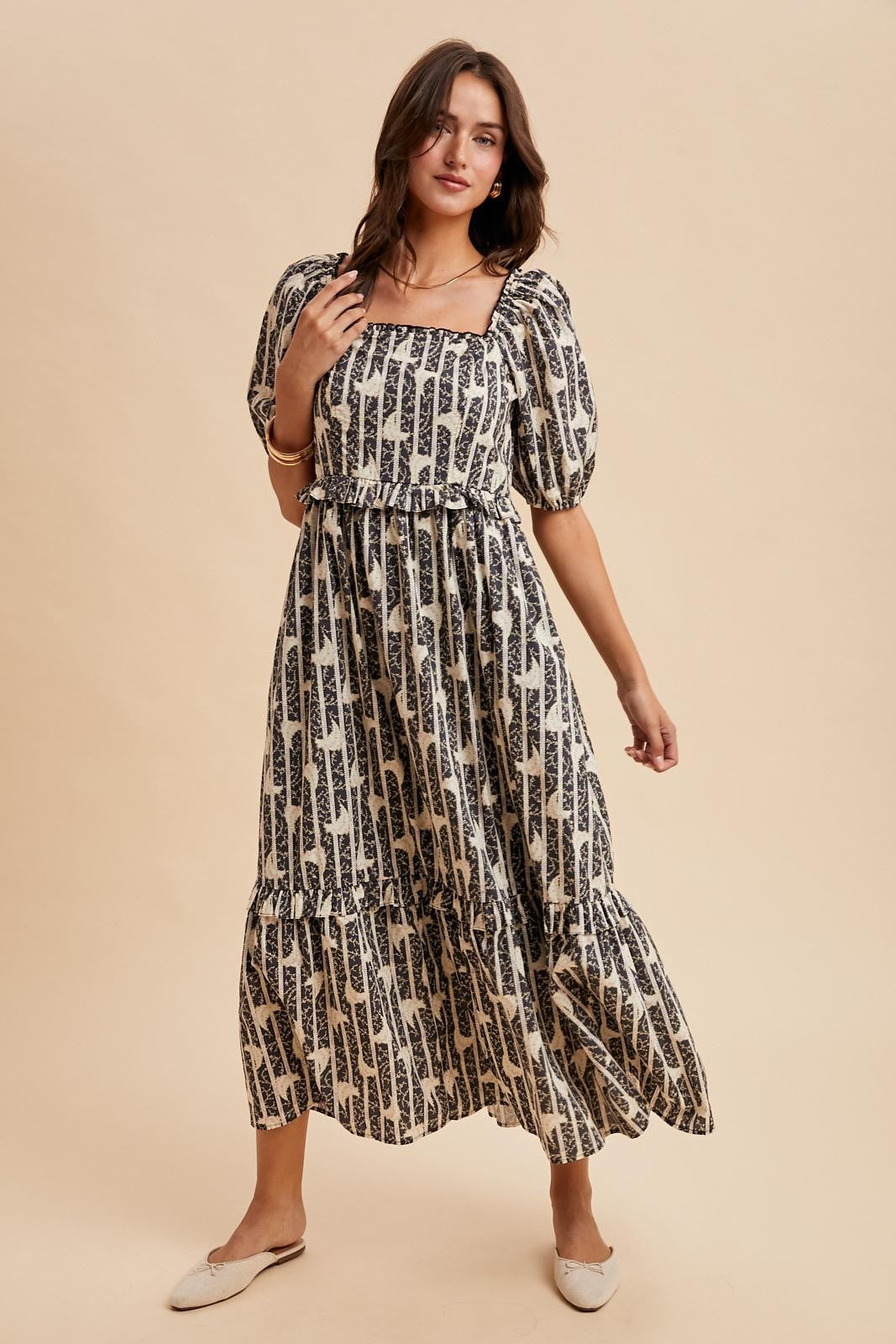 Navy Floral Stripe Ruffle Accent Midi Dress