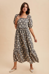 Navy Floral Stripe Ruffle Accent Midi Dress