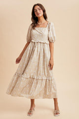 Taupe Floral Stripe Ruffle Accent Midi Dress
