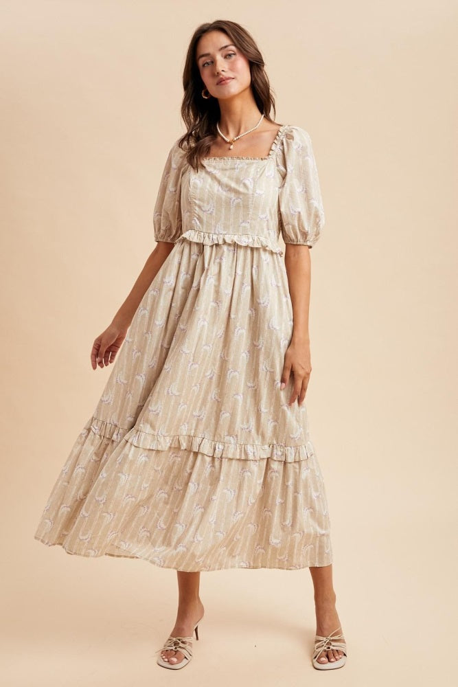 Taupe Floral Stripe Ruffle Accent Maternity Midi Dress
