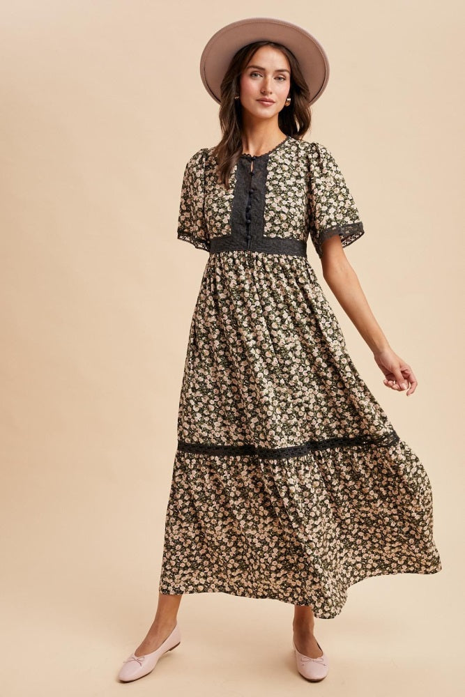 Black Rose Floral Lace Inset Button Up Maxi Dress