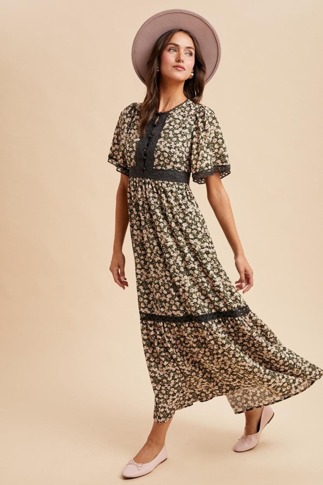 Black Rose Floral Lace Inset Button Up Maxi Dress