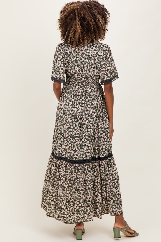Black Rose Floral Lace Inset Button Up Maternity Maxi Dress