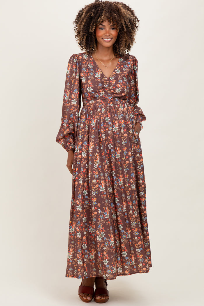 Mocha Floral Cinched Bust 3/4 Sleeve Maternity Maxi Dress