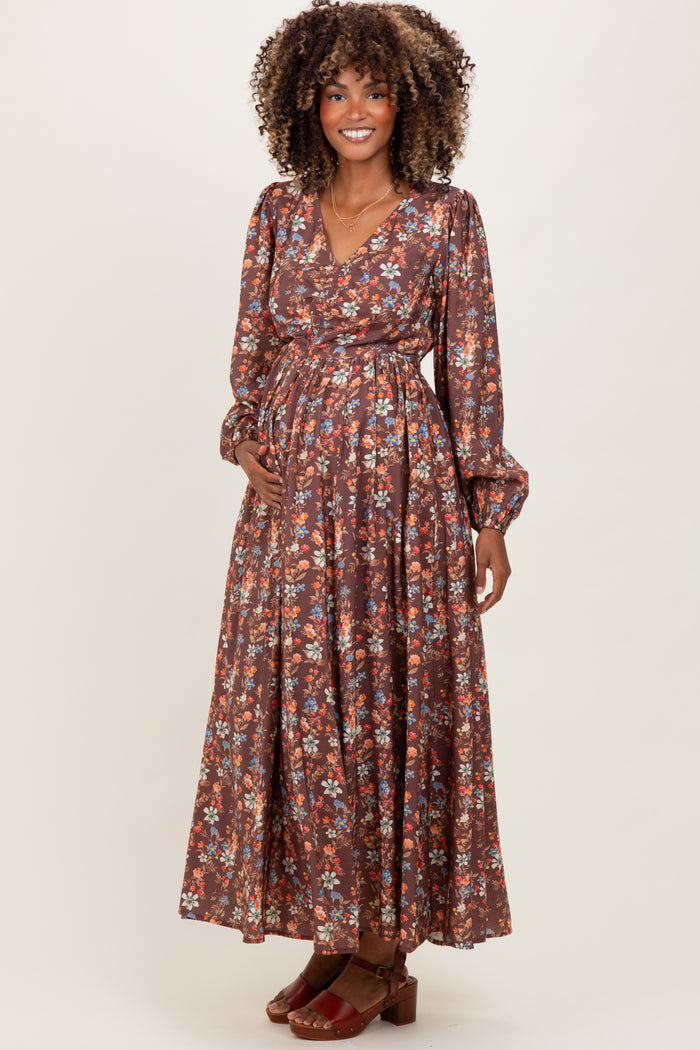 Mocha Floral Cinched Bust 3/4 Sleeve Maternity Maxi Dress