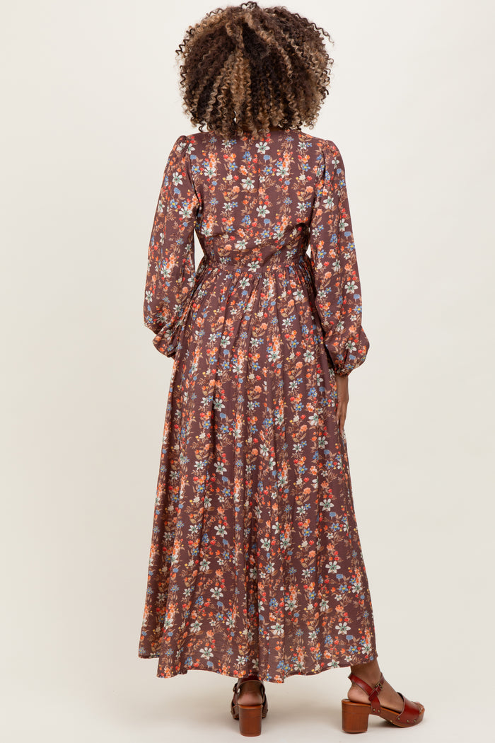 Mocha Floral Cinched Bust 3/4 Sleeve Maternity Maxi Dress
