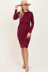 Burgundy Ribbed Knit Long Sleeve Nursing Dress