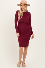 Burgundy Ribbed Knit Long Sleeve Nursing Dress