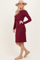 Burgundy Ribbed Knit Long Sleeve Nursing Dress