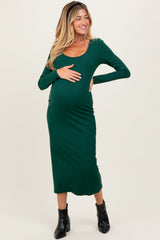 Hunter Green Scoop Neck Long Sleeve Maternity Midi Dress