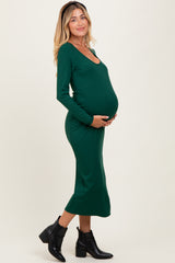 Hunter Green Scoop Neck Long Sleeve Maternity Midi Dress