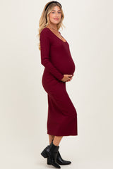 Burgundy Scoop Neck Long Sleeve Maternity Midi Dress