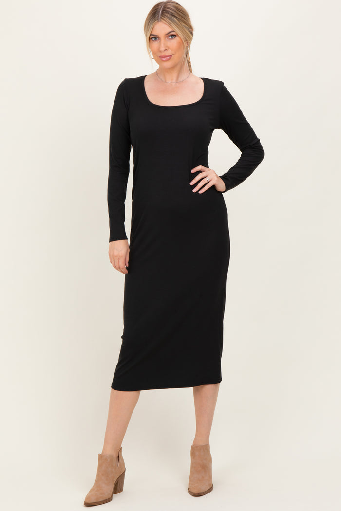 Black Scoop Neck Long Sleeve Maternity Midi Dress