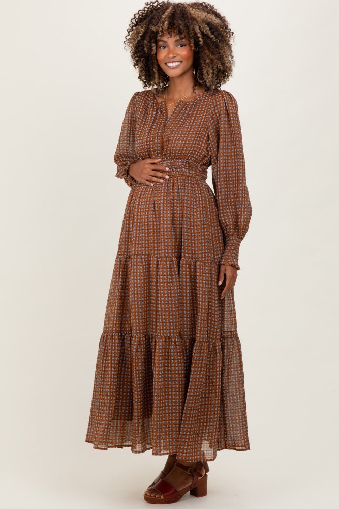 Mocha Printed Smocked Waist Tiered Maternity Maxi Dress