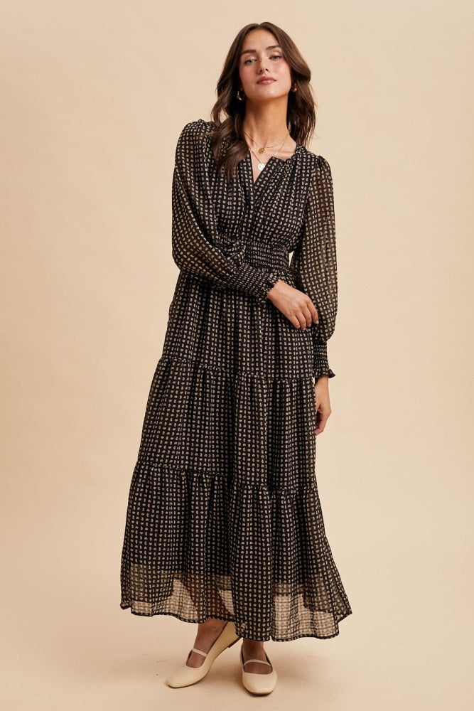 Black Printed Smocked Waist Tiered Maxi Dress