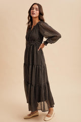Black Printed Smocked Waist Tiered Maxi Dress