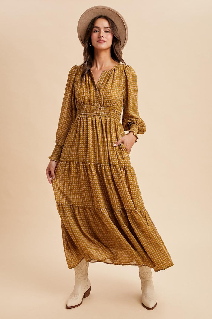 Yellow Printed Smocked Waist Tiered Maternity Maxi Dress