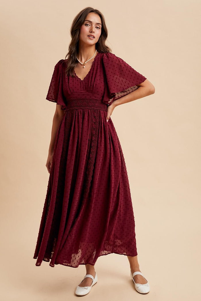 Burgundy Swiss Dot Crochet Lace Accent Maternity Maxi Dress