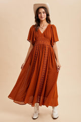 Rust Swiss Dot Crochet Lace Accent Maxi Dress