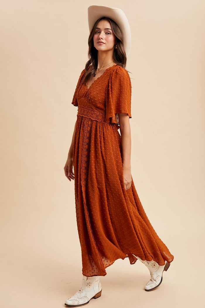 Rust Swiss Dot Crochet Lace Accent Maxi Dress