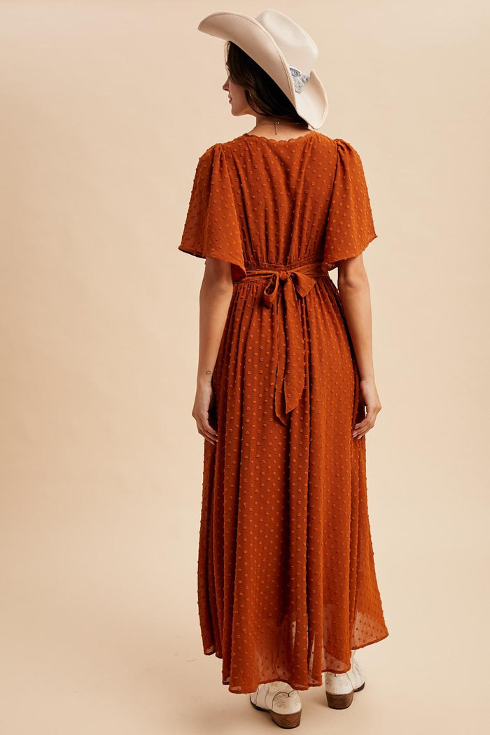 Rust Swiss Dot Crochet Lace Accent Maxi Dress