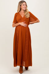 Rust Swiss Dot Crochet Lace Accent Maternity Maxi Dress