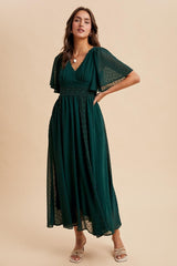 Forest Green Swiss Dot Crochet Lace Accent Maxi Dress