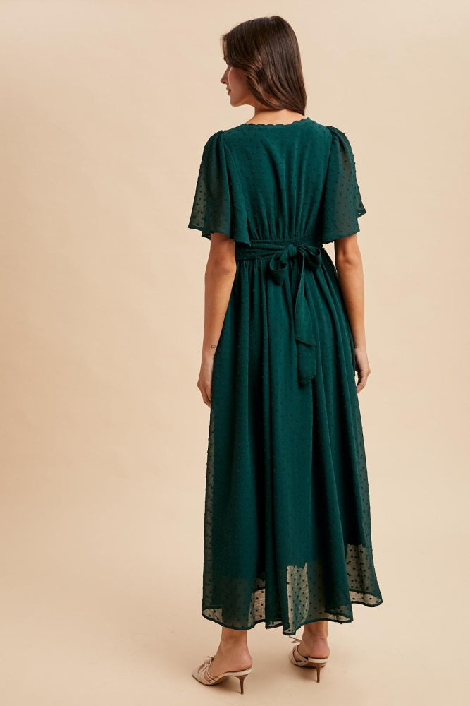 Forest Green Swiss Dot Crochet Lace Accent Maxi Dress