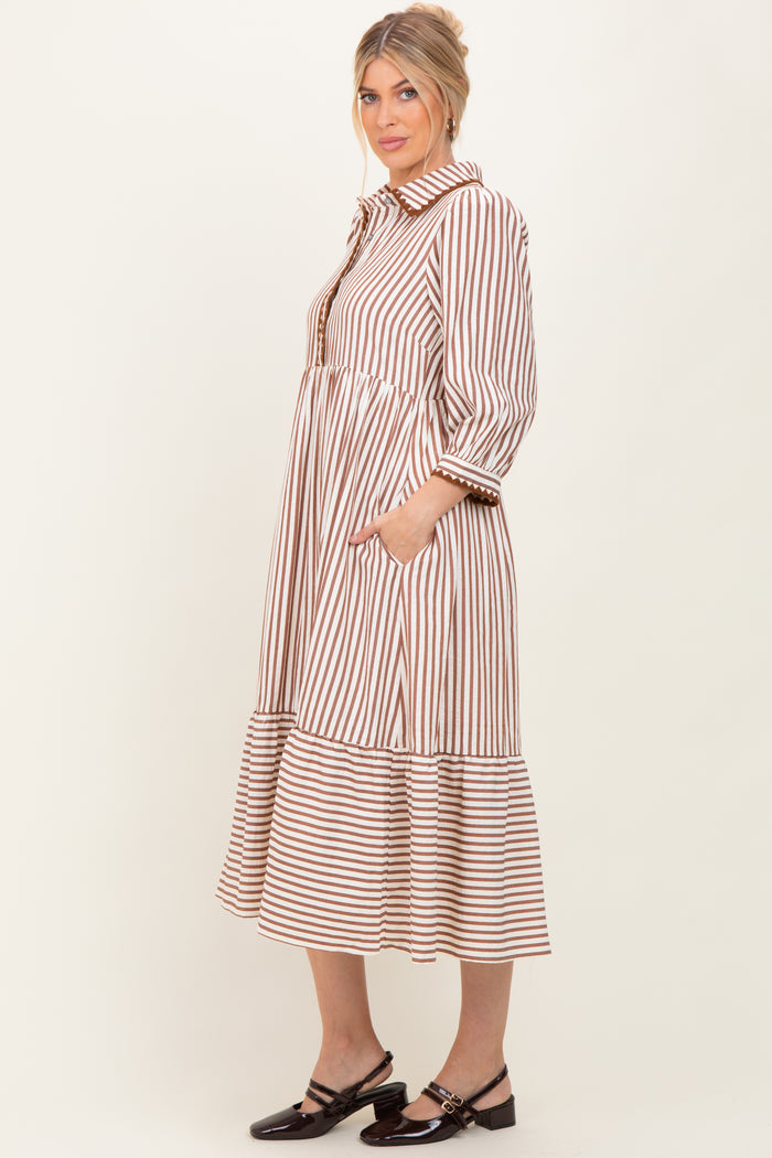 Mocha Striped Scallop Trim 3/4 Sleeve Midi Dress