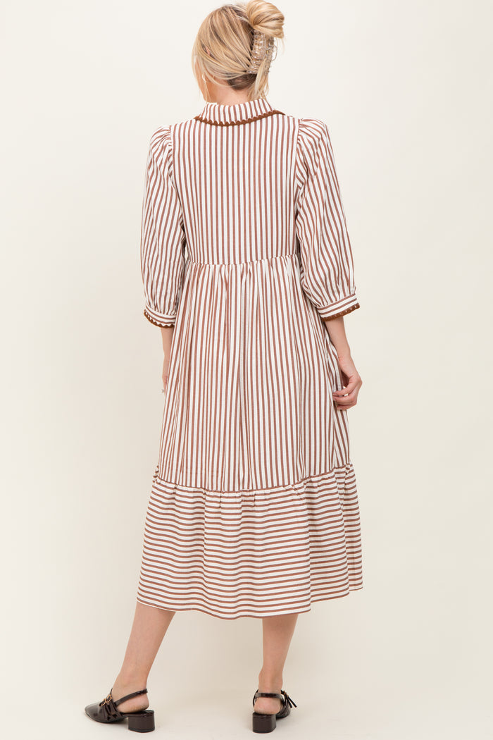 Mocha Striped Scallop Trim 3/4 Sleeve Midi Dress