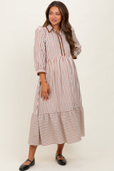 Mocha Striped Scallop Trim 3/4 Sleeve Maternity Midi Dress