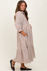 Mocha Striped Scallop Trim 3/4 Sleeve Maternity Midi Dress
