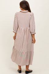 Mocha Striped Scallop Trim 3/4 Sleeve Maternity Midi Dress
