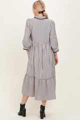 Black Striped Scallop Trim 3/4 Sleeve Midi Dress