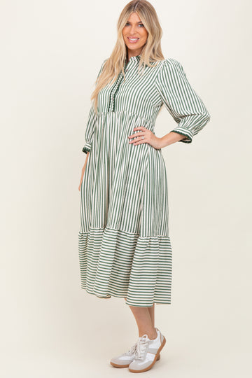 Green Striped Scallop Trim 3/4 Sleeve Midi Dress