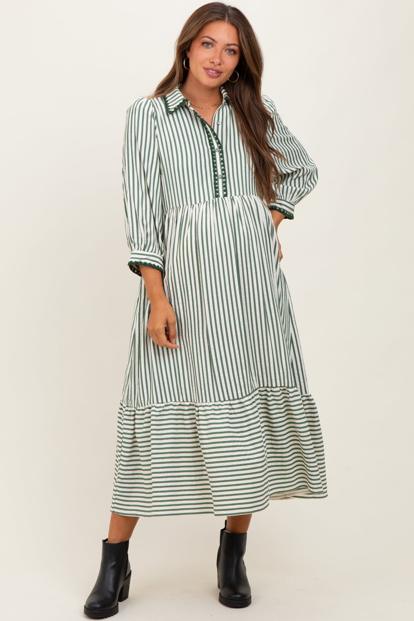 Green Striped Scallop Trim 3/4 Sleeve Maternity Midi Dress