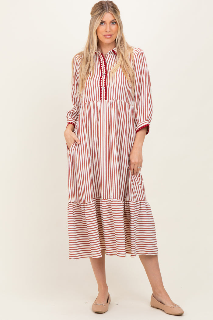 Rust Striped Scallop Trim 3/4 Sleeve Midi Dress