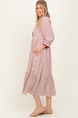 Rust Striped Scallop Trim 3/4 Sleeve Midi Dress