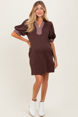Brown Plaid Accent Puff Sleeve Maternity Mini Dress