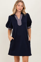 Navy Plaid Accent Puff Sleeve Maternity Mini Dress