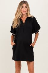 Black Half Zip Puff Sleeve Maternity Mini Dress