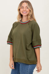 Olive Contrast Trim Short Sleeve Pullover